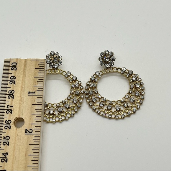 Gold Tone Rhinestones Dangle Drop Filigree Openwork Circle Hoop Fashion Earrings - Picture 4 of 8